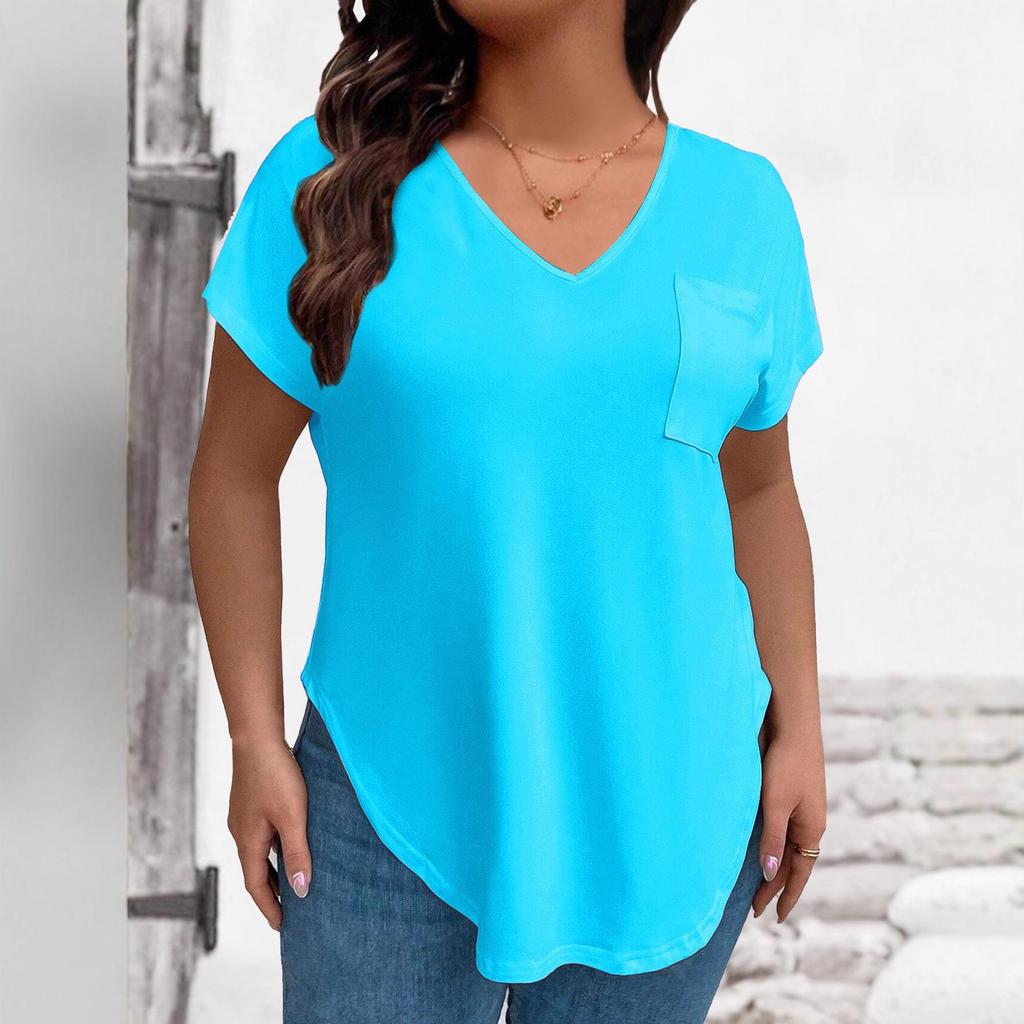 Plus Size Women's V-Neck Short Sleeve Loose Pullover T-Shirt - Solid Color for Spring/Autumn 2026