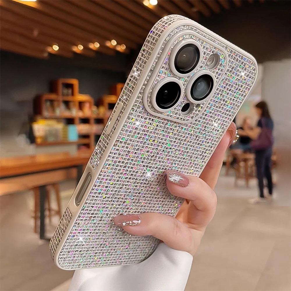 Full Screen Glitter Plaid Sequins Phone Case For iPhone 17 16 15 14 13 12 Pro Max Sparkling Lens Camera Protection Cover