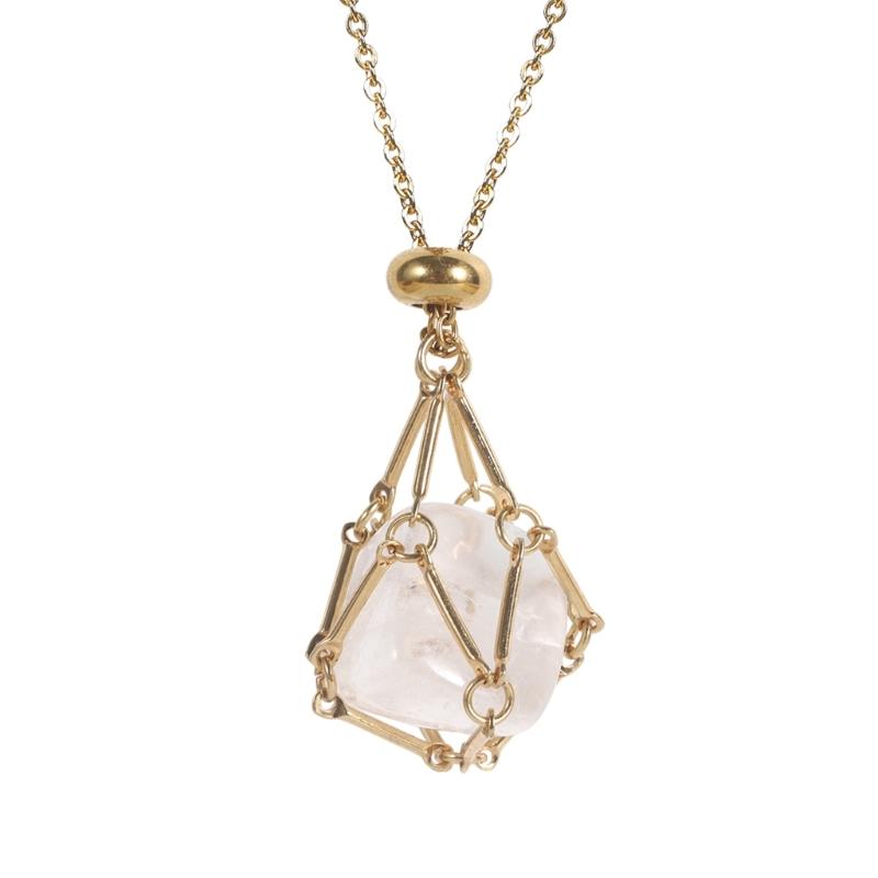 Handcrafted Square Crystal Pendant Necklace With Flexible Bamboo Link Chain And Secure Mesh Cage Setting For Elegant Occasions