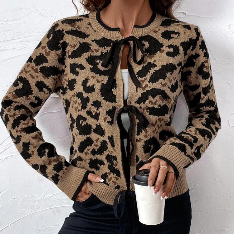 Autumn Winter Women Leopard Knitted Cardigan Long Sleeve Lace Up Coat