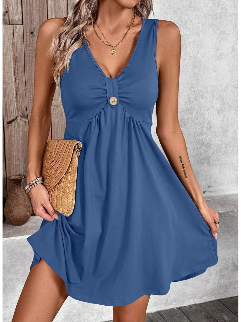 2026 Women's Short Sleeve V-Neck Button Dress - Solid Color Spring/Summer Collection
