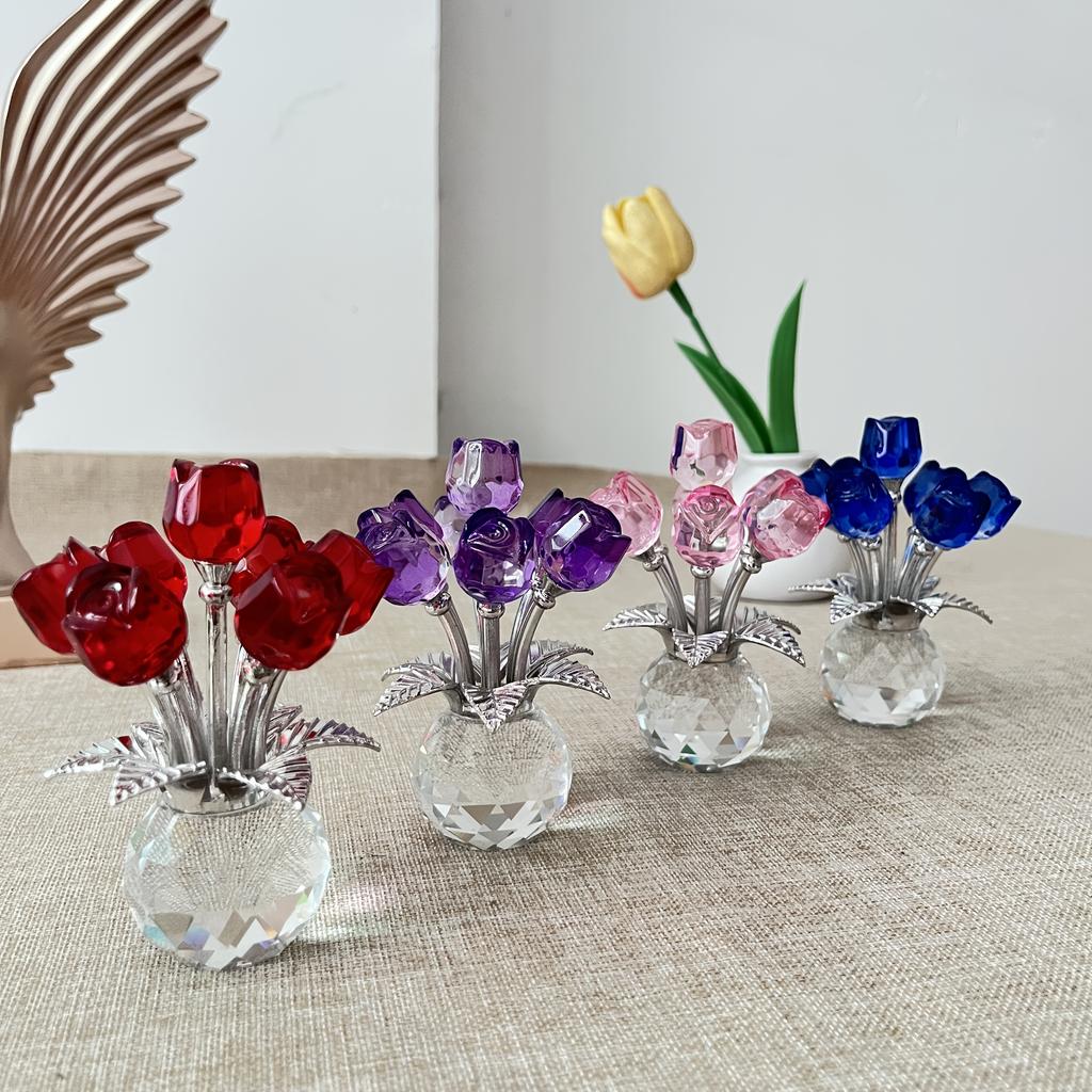 Exquisite Crystal Glass Rose Sculptures - Elegant Red, Blue & Pink Floral Decor with Sparkling Leaves, Multi-Room Home Décor for Bedroom, Kitchen..