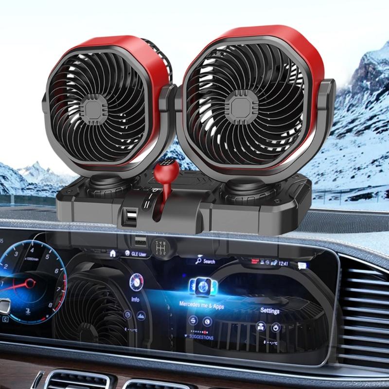 Double Head Car Fan 12V 24V Lighter Cooling Fan Double USB Output Oscillating Airflows for Truck RVs Dashboard Use