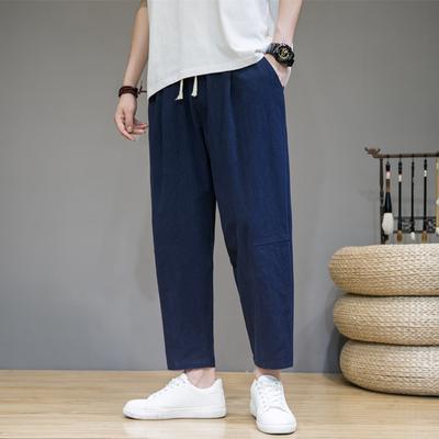 Spring Chinese Style Men's Solid Color Cotton and Linen Loose Nine-point Pants Fashion Casual Sports Pants