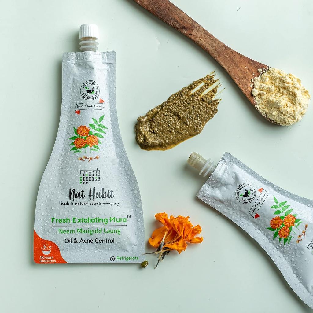 Nat Habit Neem Marigold Laung Face Scrub For Deep Cleansing And Oil Control, Natural Exfoliating Mura For Glowing Skin Pack of 3 x 25 gm