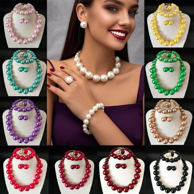Elegant Korean Vintage Pearl Necklace Set Women Choker Chain Earrings Bracelet Wedding Bridal Formal Dress