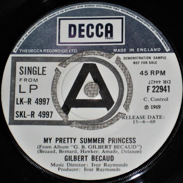 7inch Record GILBERT BÉCAUD - My Pretty Summer Princess F22941 Decca 1969 UK Pop Used