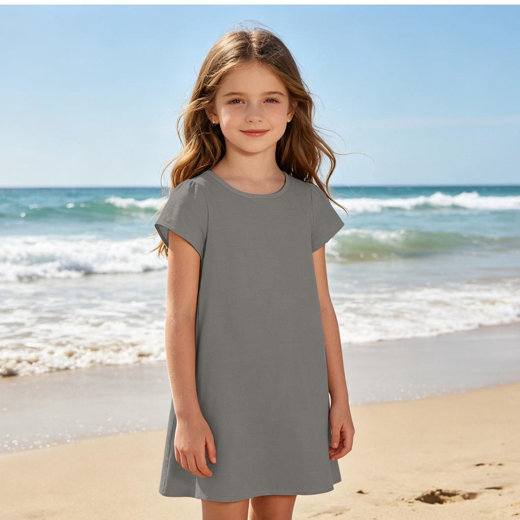 Girls Casual Short Sleeve Dress Lightweight Breathable Summer Dress Made from Cotton Linen Fabric Comfortable Fit Simple Design