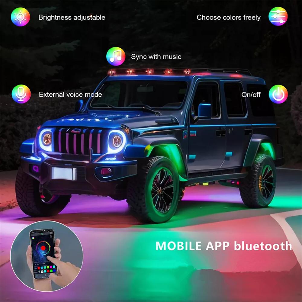 4 Pods RGB LED Neon Rock Light Underbody Bluetooth APP for Jeep Wrangler JKU JK