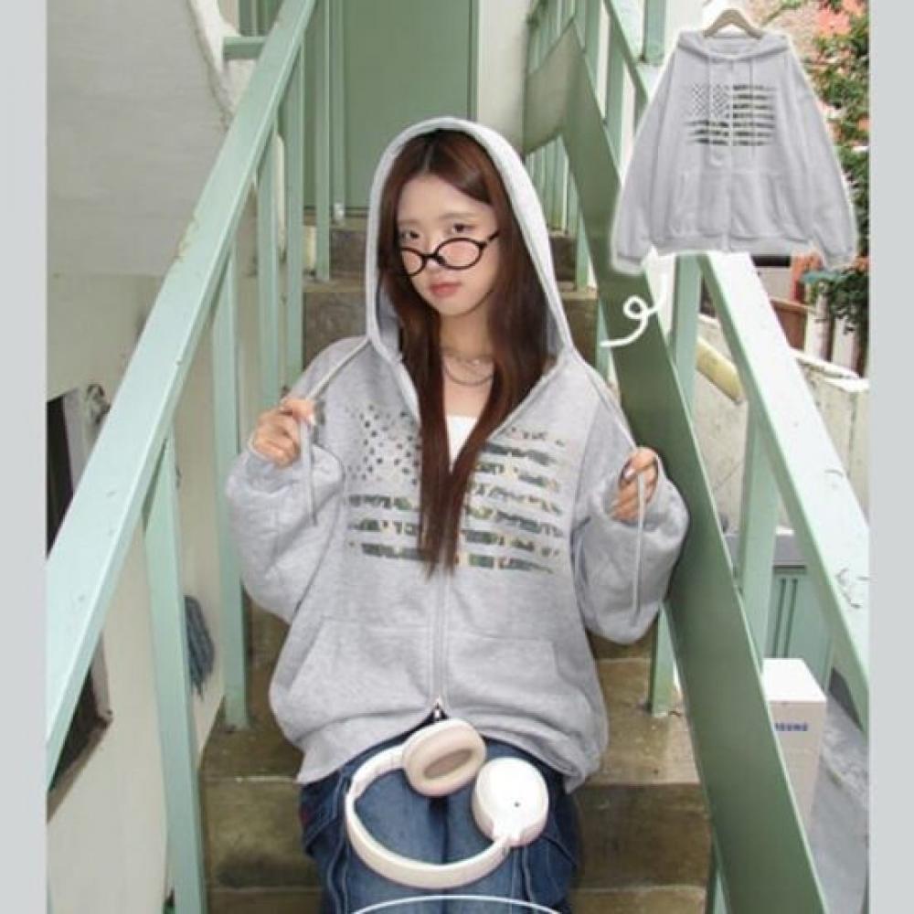 The Pink Oversized Crack Printing Two Way Fleece Hooded Jacket