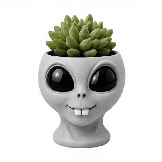 Funny Alien Face Planter 3D Printed Novelty Plant Pot Cute Gray Alien Head Planter for Succulents Cacti Home Table Shelf Size#43
