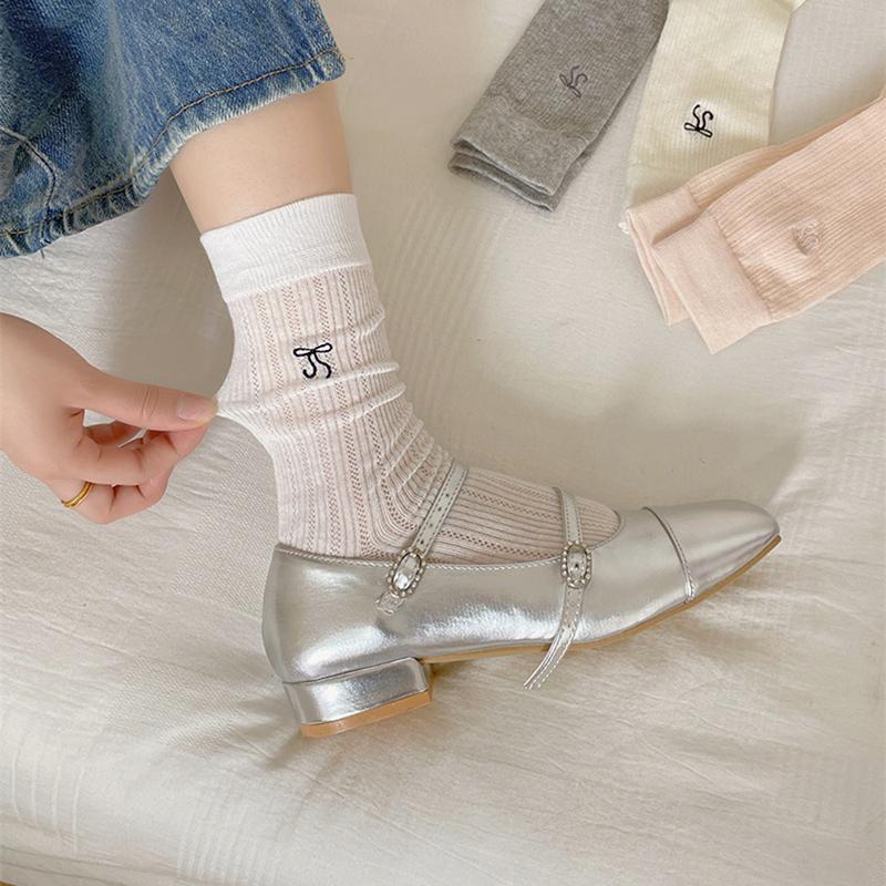 Woman Ultra Thin Version  Ins Bow Solid Color Mesh Mid Tube Breathable Socks Black White Grey Girl  Style Sweet Socks
