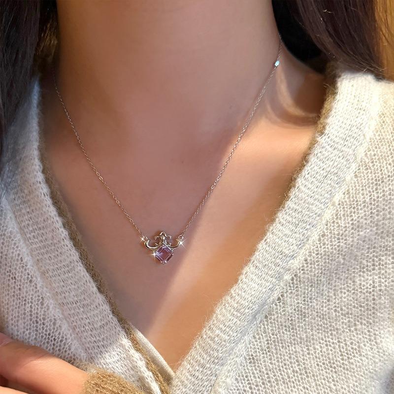 Women's S925 Sterling Silver Necklace Luxury Light Luxury Iris Pendant Natural Amethyst Citrine Fashion Clavicle Chain Jewelry Gift