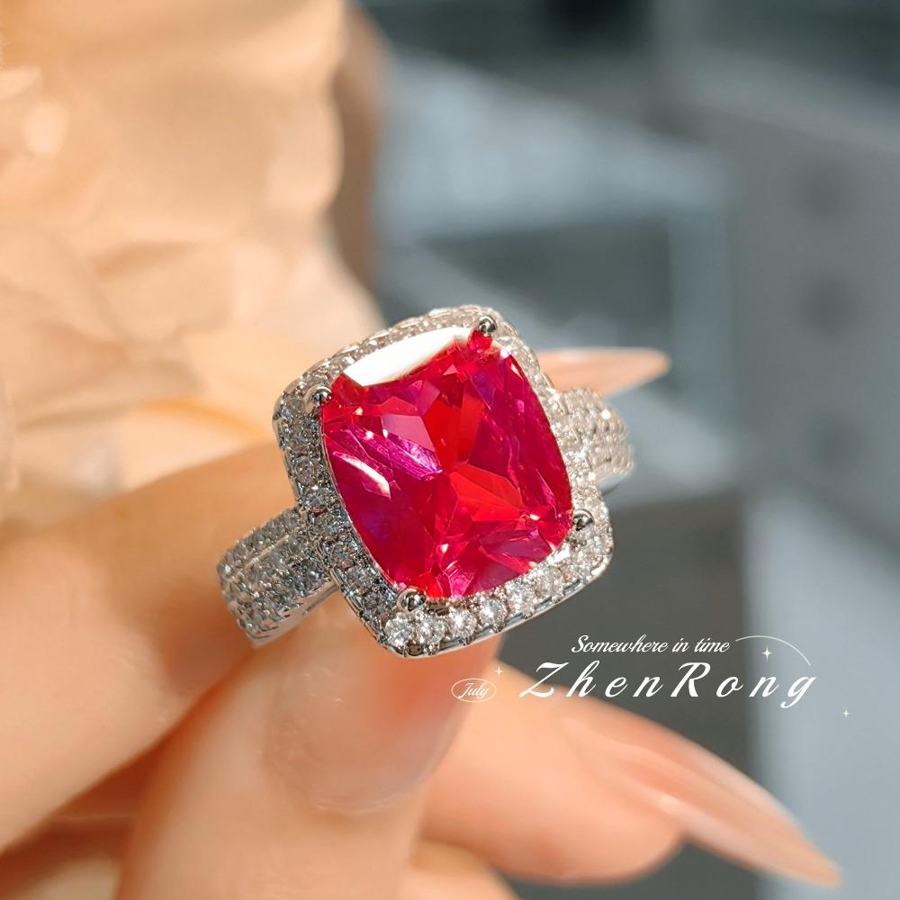 Luxury Open Ring with Simulated Ruby Vintage Cushion Cut Red Corundum High Carbon Diamond Ring for Women