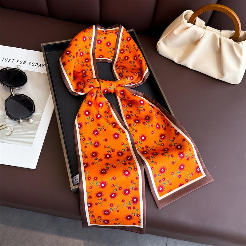 New High-end Silk Scarf, Small Long Light Luxury Streamer, Tied Bag Decoration, Double-layer Scarf, Headband Printing, Narrow Scarf.