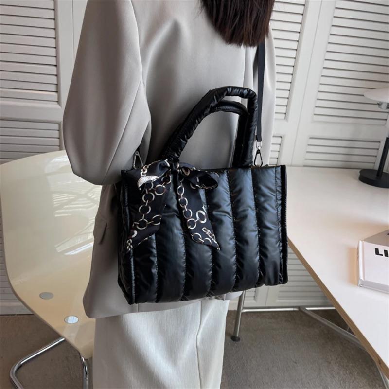 Elegant Women's Totes Bags with Silk Scarf Accent Winter Quilted Crossbody Bags for Women Casual Solid Color Padded Shoulder Bag