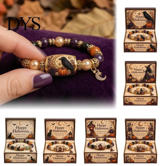 Adjustable Alloy Wristband Halloween Stretch Beaded Bracelet with Gift Box, Black Cat Pumpkin Ghost Stylish Wrist Accessory for Parties Crow