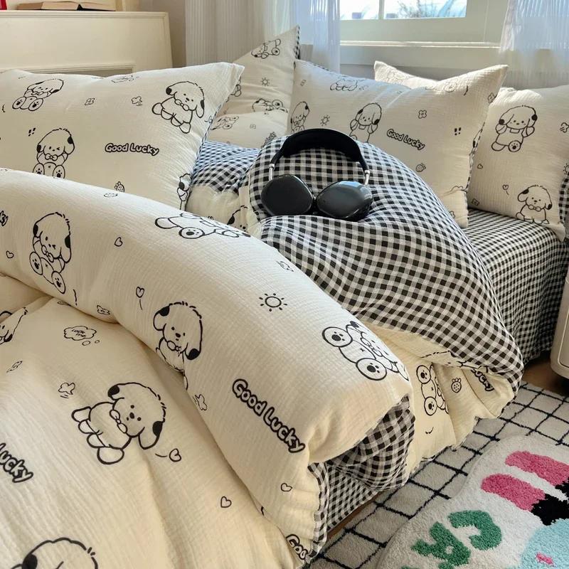 Cute Strawberry And Rabbit Duvet Cover Set Washed Cotton Linen Feel Super Soft Comfortable Chic 4Pcs Home Decor Bedding Set
