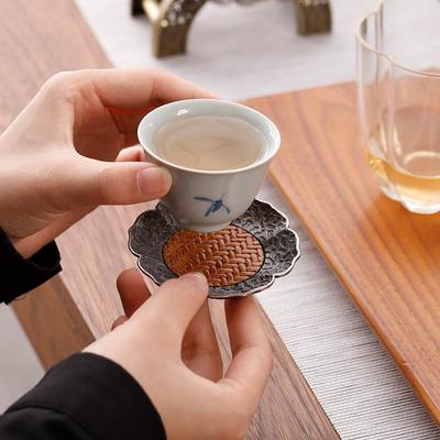 Antique Silver Alloy Teacup Pad, Bamboo Mat, Thermal Insulation Teacup, Cup Holder, Tea Saucer, Kung Fu Tea Set Accessories