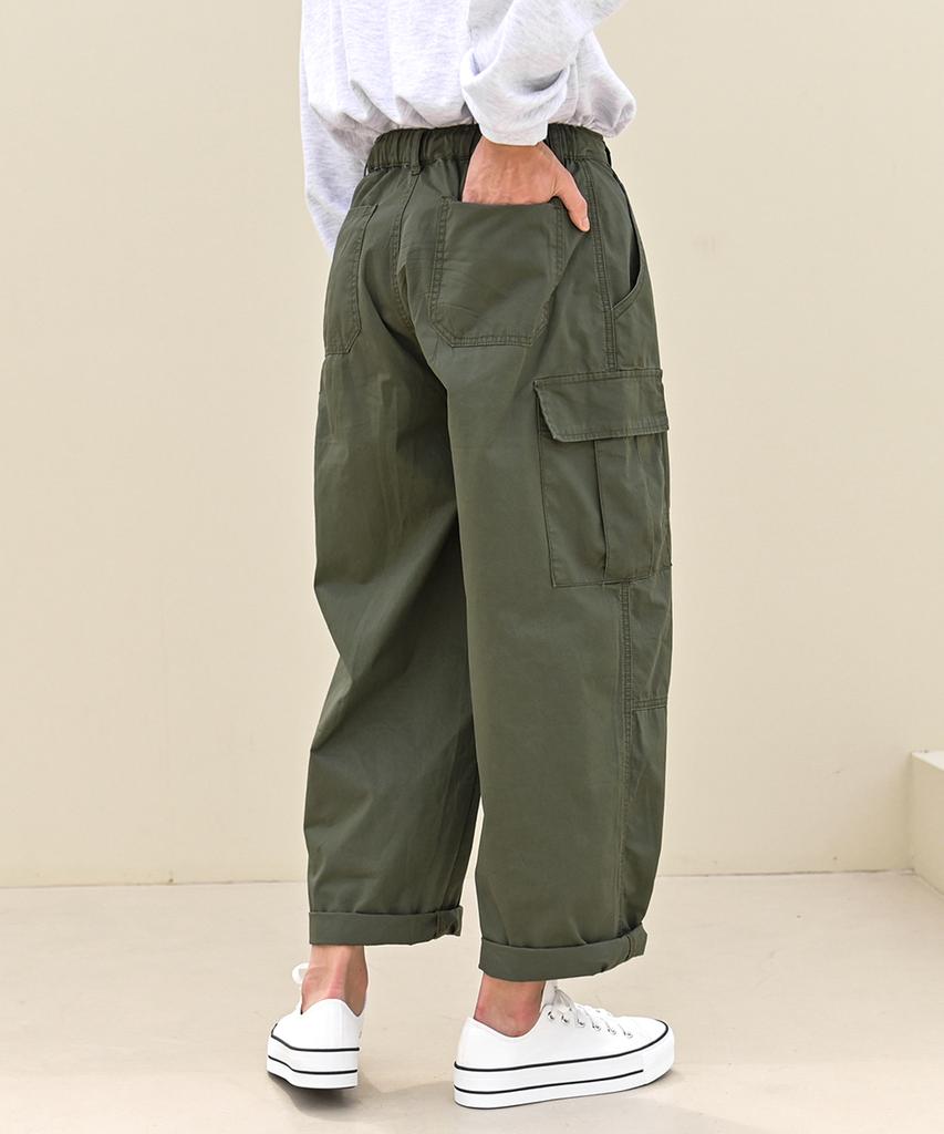 Jikeulib Elastic Waist Pintuck Flap Pocket Wide Cargo Pants