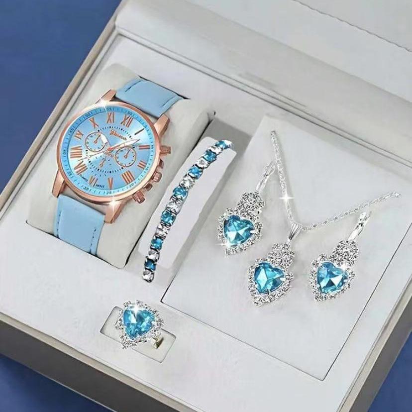Women's watch, simple new model, five-piece set, round jewelry wristwatch set, women's high-end, light luxury, fashionable women's watch