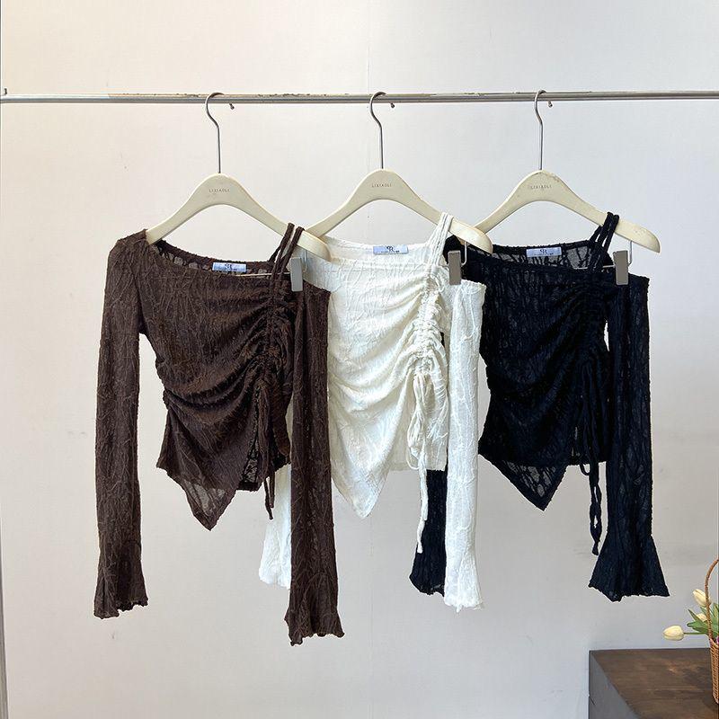 2024 Autumn Korean Chic Off-Shoulder Bell Sleeve Cropped Top for Women