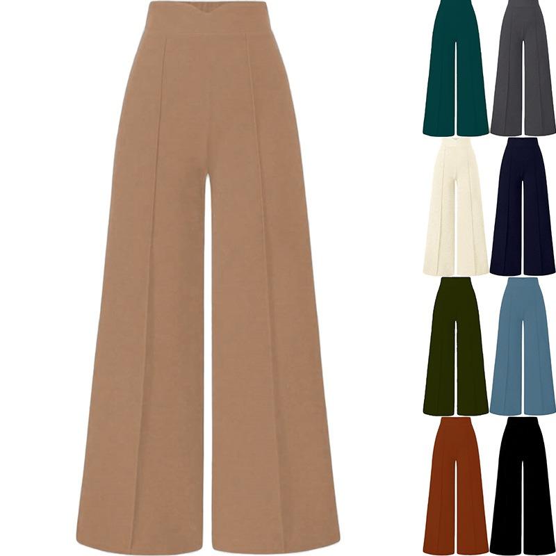 Solid Color Vintage Casual Loose High Waist Wide Leg Long Trousers For Women