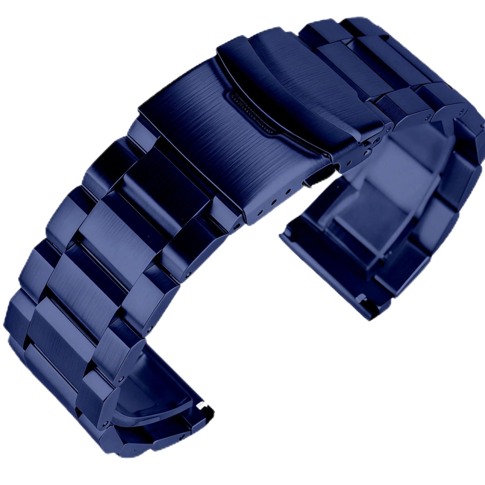 [Kai Tian] 24mm Stainless Steel Watch Band, Blue Quick-Release 3-Row Design Unisex Watch Band