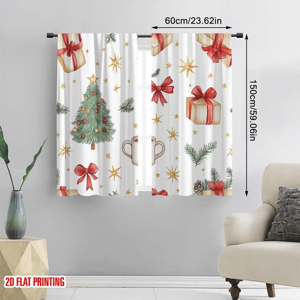 2pcs  2D plane printing Creative Curtains Christmas Tree Bow Gift Snowflakes Versatile Fabric (without rod) Decorations Outdoor