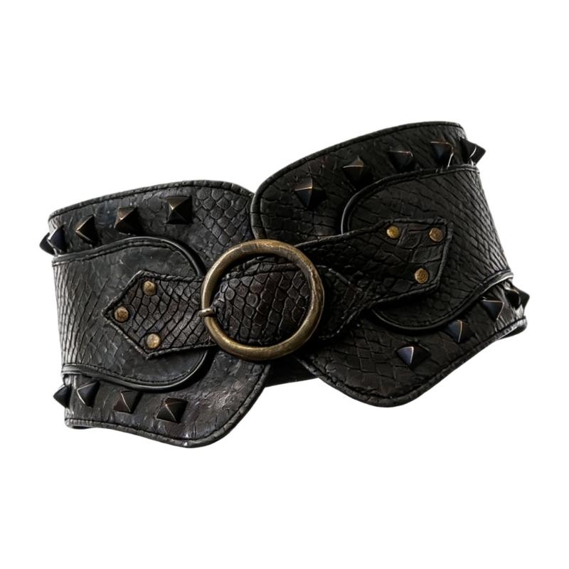 

Dark Waist Cincher Belt with Double Buckles and Rivet Studs for Women Theme Party CN