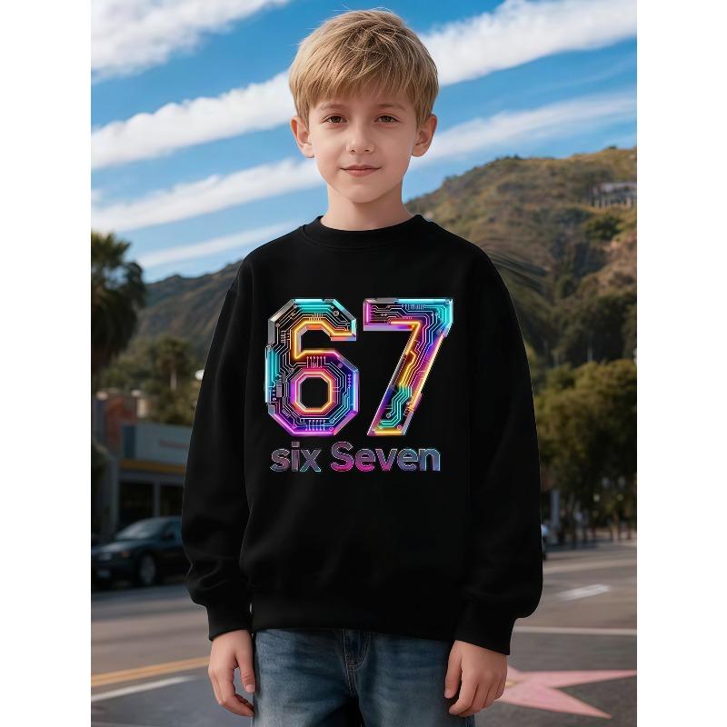 Unisex Kids Cyberpunk Circuit Board Number 67 Crewneck Sweatshirt Boys Girls Colorful Neon Six Seven Graphic Long Sleeve Pullover Top Black Soft