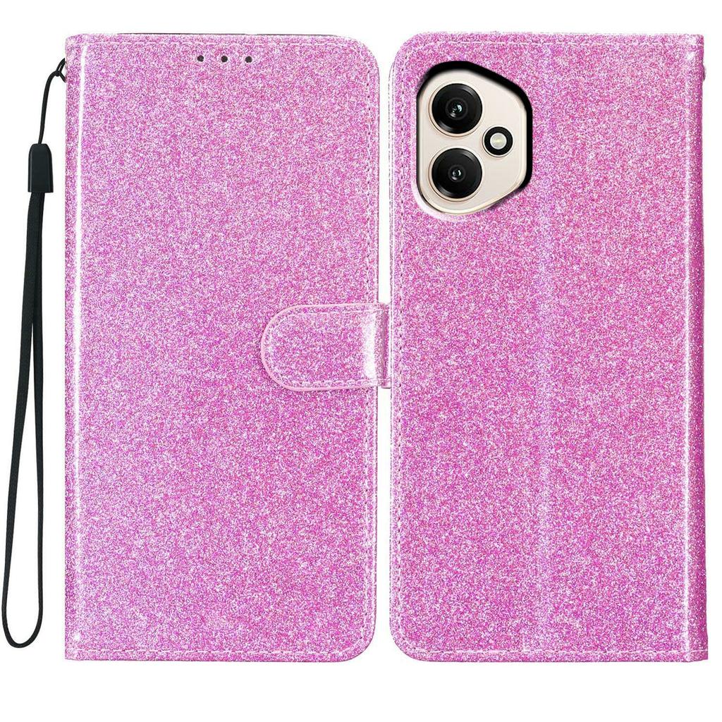 Für Honor 400 5G (Global) Glitzernde Kratzfeste Leder-Ständer-Handyhülle mit Riemen