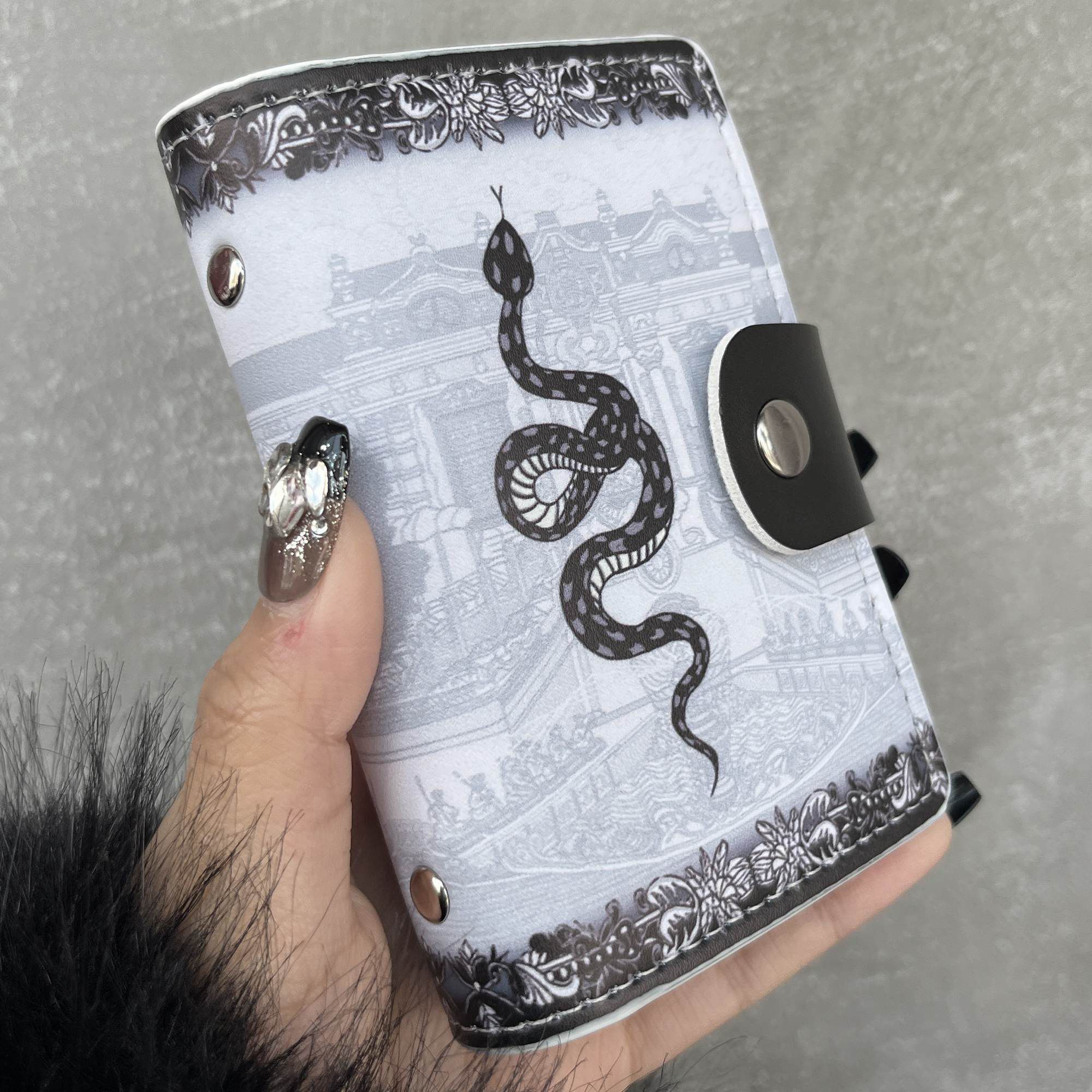 Unisex Slim 20 Slot PU Card Case Yuanmingyuan Imperial Snake Gothic Black ID Holder Mini Purse Wallet for Women Men