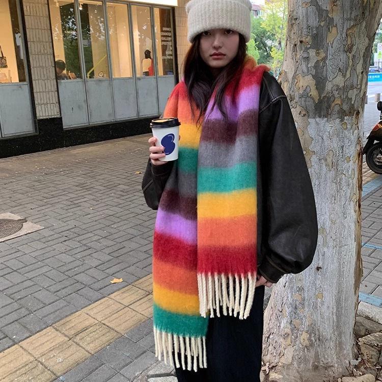 New Colorful Rainbow Scarf Women's Winter Dopamine Senior Student Sweet Warm and Cold Proof Plush Scarf Shawl