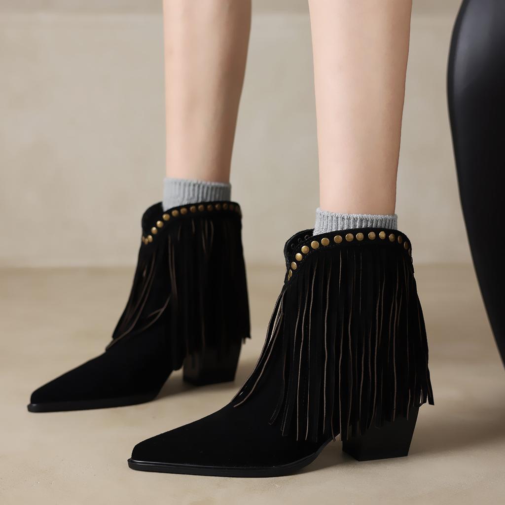 Fashion 2024 New Autumn Winter Cow Suede Women Boots Fashion Tassels Western Boots for Women Pointed Toe Chunky Heel Ladies Shoes
