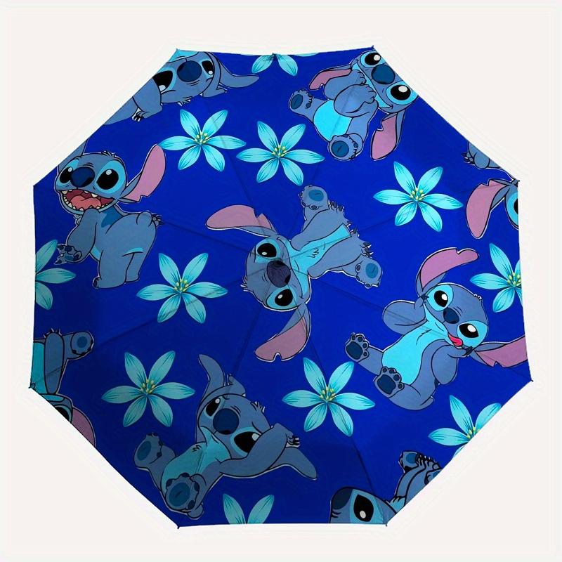 Disney Stitch,Blue Flowers,Cartoon Pattern Manual Opening and Closing Umbrella - 8-Rib Reinforced Folding Design, Lightweight and Portable,