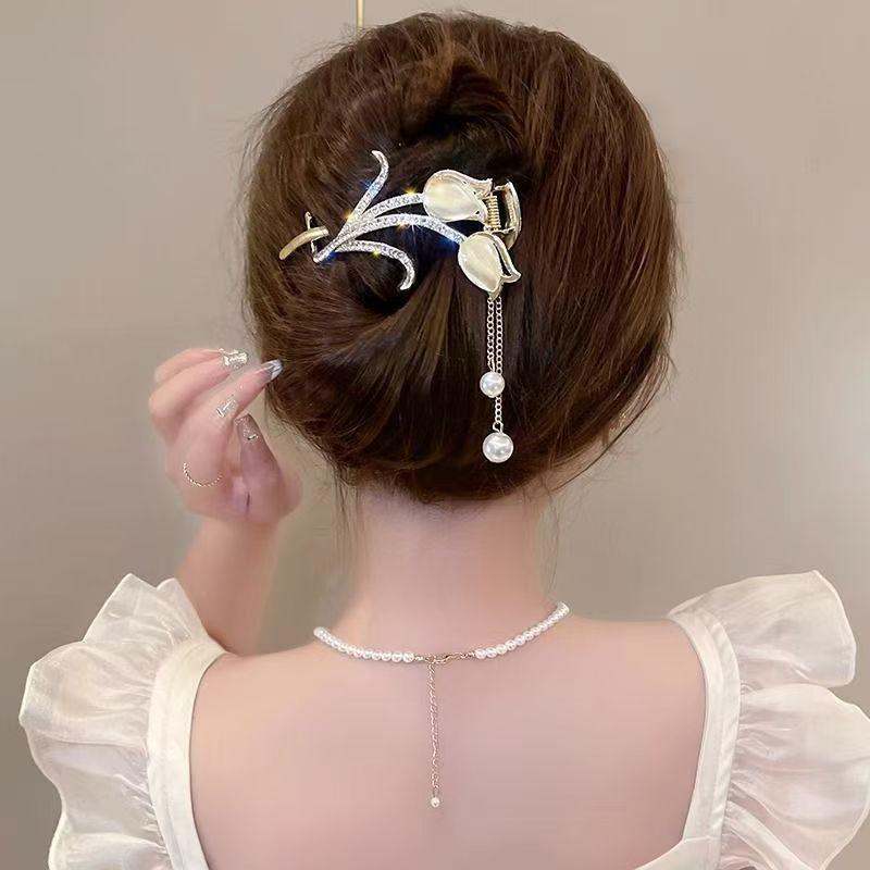 Elegant Rhinestone & Pearl Butterfly Tassel Hairpin - Women's Updo Clip