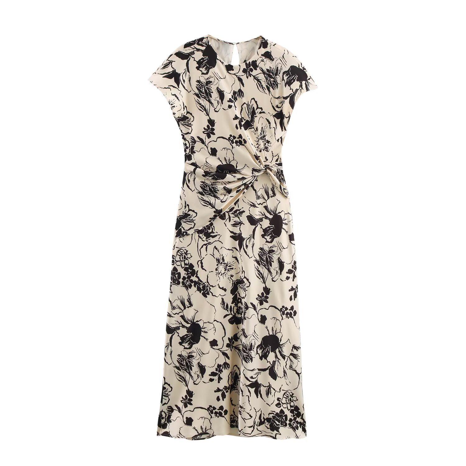 

2025 Spring Women s Slim Silk Satin V-Neck Dress with Knot Design L