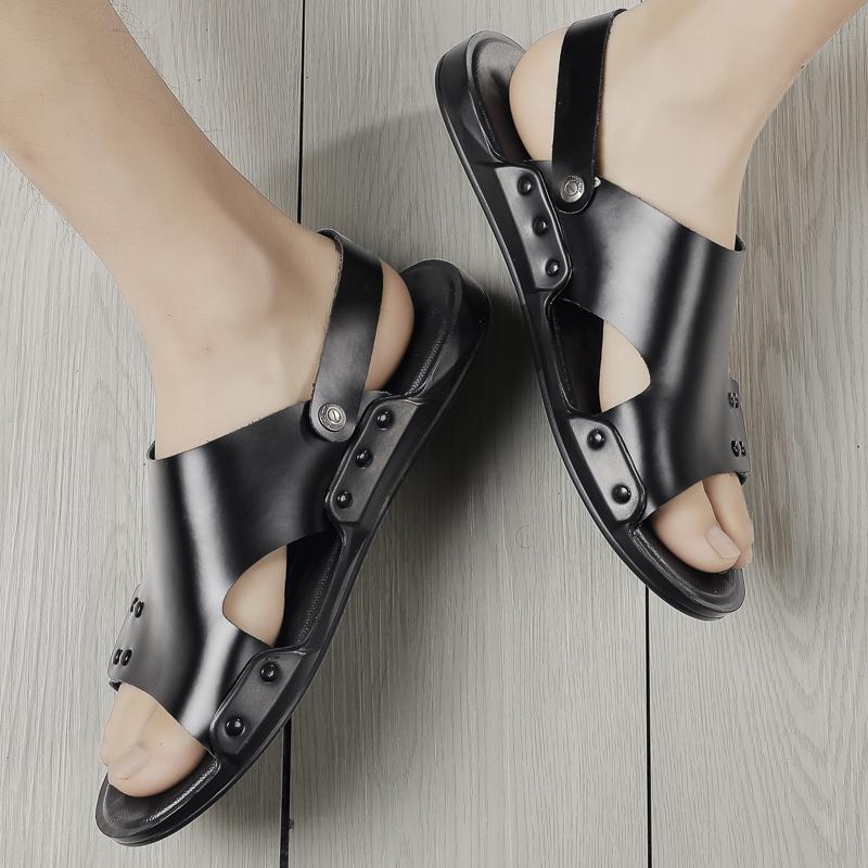 Summer Men's Genuine Leather Sandals Fashionable High-quality Flat Shoes Outdoor Breathable Casual Shoes Black Beach Slippers
