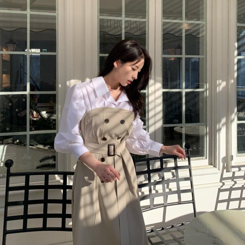 Women's Fashionable Elegant Trench Coat, Double-breasted Shirt Patchwork Trench Coat, Fake Two-piece Dress