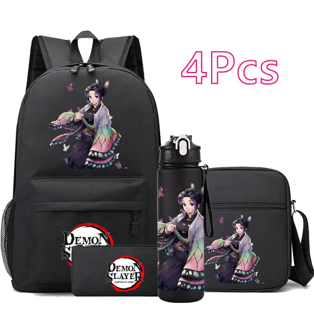 4 st/set Anime Demon Slayer Tryckt Ryggsäck Skolväska Axelväska Fodralväska med 750 ml Vattenflaska Pojke Flicka Stor Kapacitet Vattentät Skolväska