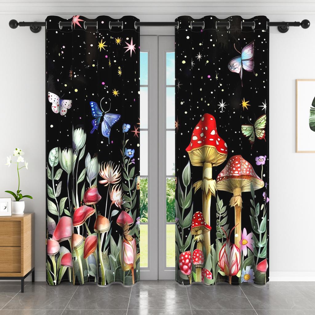 2pcs Funny Mushroom Window Curtains Forest Plants Butterfly Flowers Bedroom Blackout Curtains Black Theme Curtains Living Room