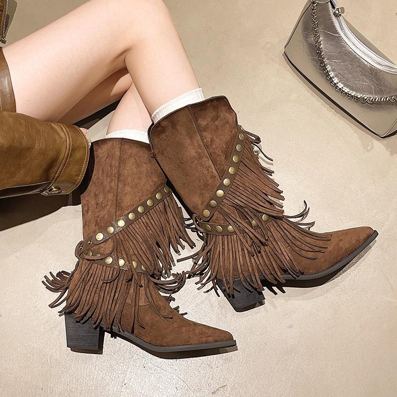 Studded Tassel Mid-Thigh Boots Autumn New Pointed Toe Suede Sleeve Soft Sole Non-Slip Wear-Resistant Block Heel Shoes