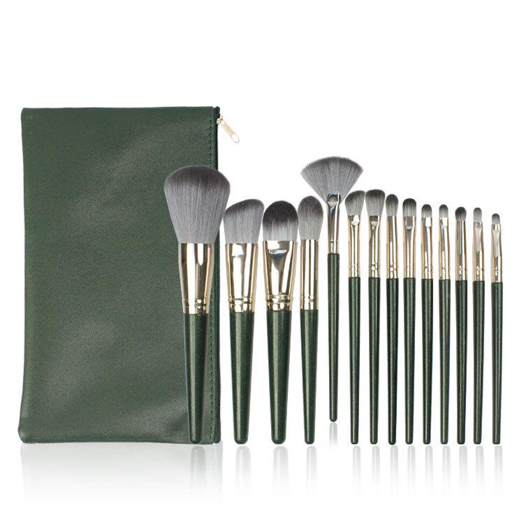 14-Piece Green Makeup Brush Set with Soft Bristles – Includes Powder, Foundation, and Blush Brushes.