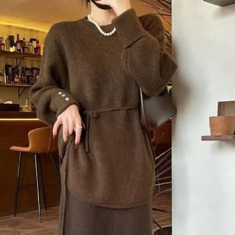 Women Lazy Style Belted Sweater Spring Autumn Fashion Loose Waist Slimming Knitwear Long Top