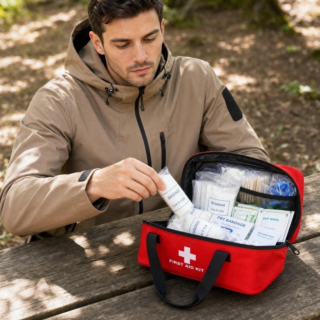Portable First Aid Kit with 22 Essential Medical Supplies Compact Storage Bag for Emergency Wound Care and Basic Medical Treatment