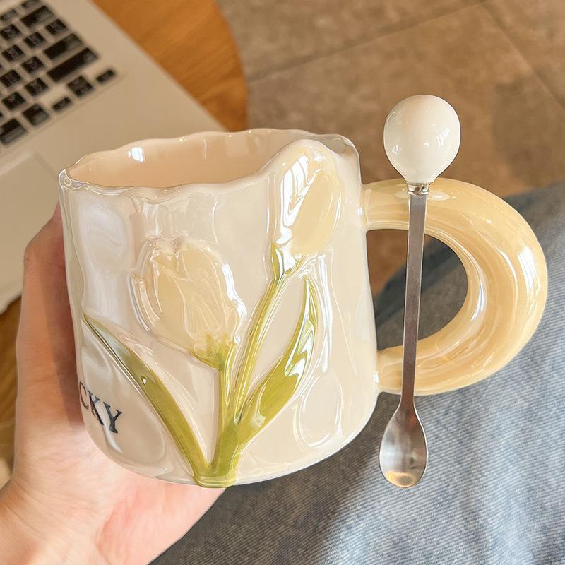 High Value and Light Luxury Tulip Ceramic Cup Creative Flower Girls’ Home Drinking Water Cup Spoon