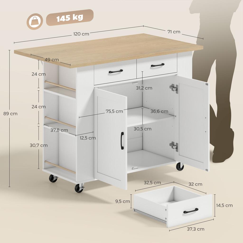 Isola Cucina con Stazione di Ricarica, Carrello da Cucina su Ruote con Piano di Lavoro Pieghevole, 2 Cassetti, Bianco