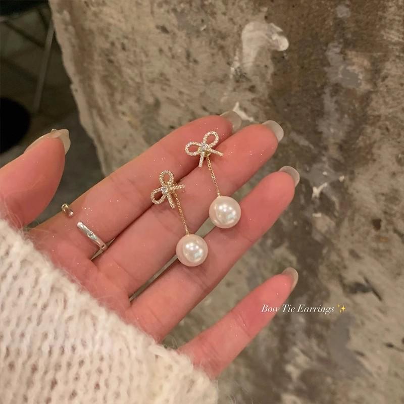 Rear Hanging Sparkling Zirconium Bow Pearl Earrings Femininity Fringed Stud Earrings Earrings