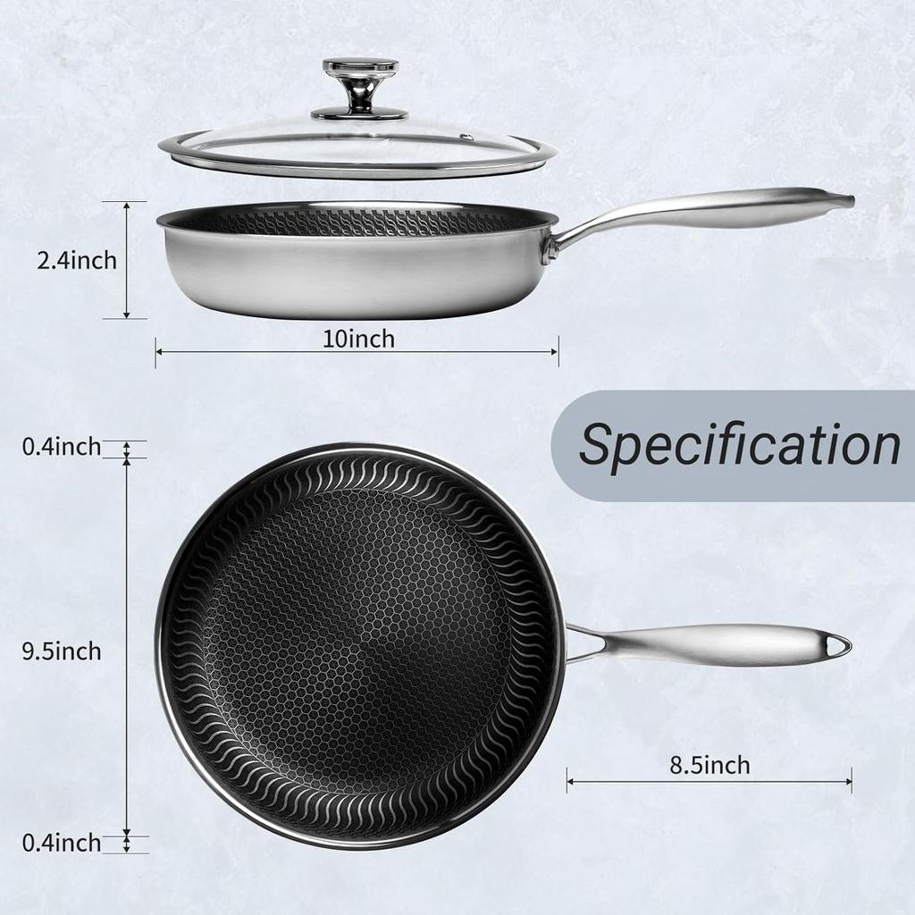 Bratpfanne aus Edelstahl mit Antihaftbeschichtung, Deckel und Kühlgriff, 10-Zoll-Wabenpfanne aus Edelstahl